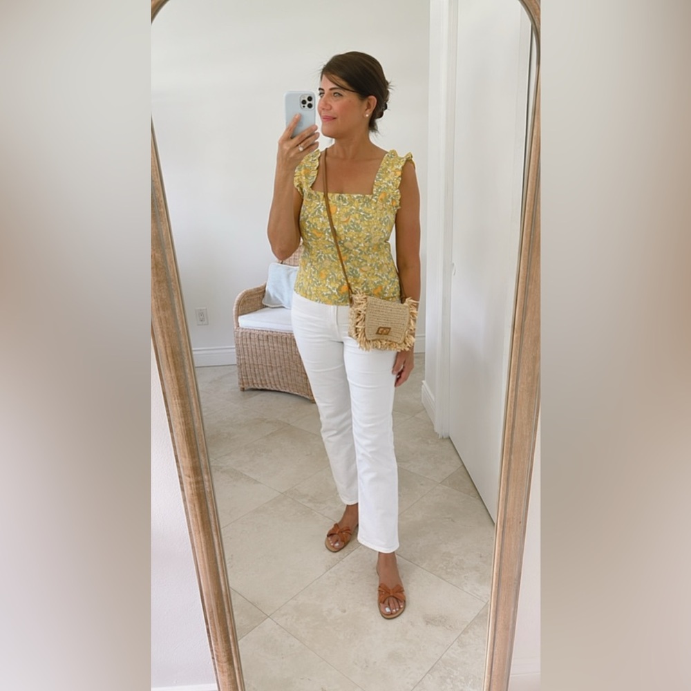 J. Crew Ruffle-trim stretch cotton poplin top in limone print (lemon print)